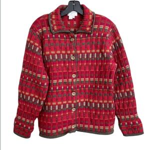 Cherry Lewis Vintage 100% Wool Cardigan Sweater Made in England Red Olive Medium